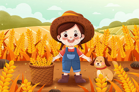清新二十四节气芒种小麦丰收女孩与狗插画图片