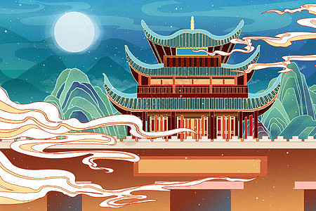 中国风国潮山水建筑插画背景图片