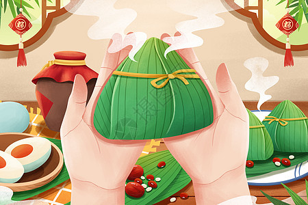 五月初五端午节包粽子吃粽子插画图片