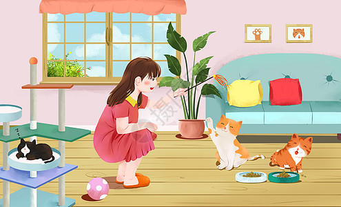 小女孩居家逗猫儿童卡通插画图片