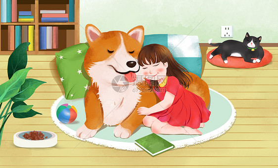 小女孩陪伴狗狗儿童卡通温暖居家日常插画图片