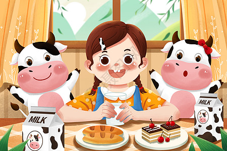 吃面包的女孩世界牛奶日喝牛奶女孩与奶牛插画插画
