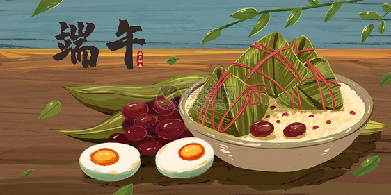 暗调端午节粽子和食材插画图片
