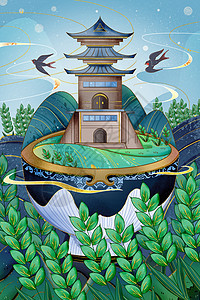 芒种节气国潮风麦穗建筑插画图片