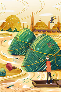 端午节国潮烫金粽子山划船插画图片