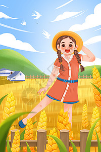 小麦地清新二十四节气芒种麦田路上女孩插画芒种麦田里的女孩插画
