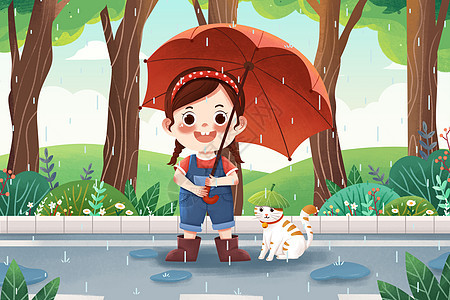 夏季雨季雨中撑伞女孩与猫插画图片