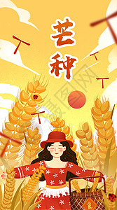 芒种之麦田里收麦的女孩运营插画开屏页图片