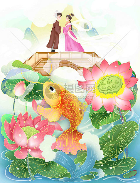 夏至小暑锦鲤荷塘夏日情人节汉服古装情侣插画