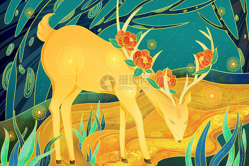 国风森林河边低头喝水鹿