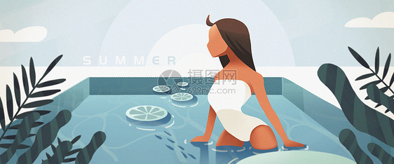 夏天泳池清凉扁平插画图片
