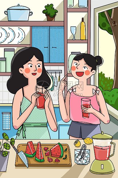 夏至和闺蜜喝西瓜汁图片