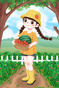 插画  |采摘草莓的女孩插画  |春分节气插画插画  |卡通公共城市园配