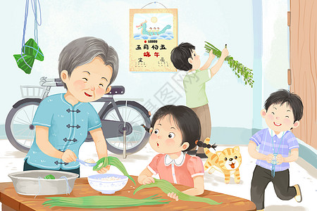 端午节跟奶奶包粽子背景图片