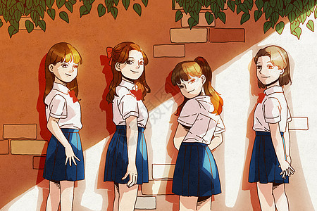 毕业季四个穿校服的女生在校园里的合照背景图片