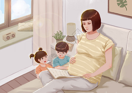 三胎家庭讲故事插画高清图片