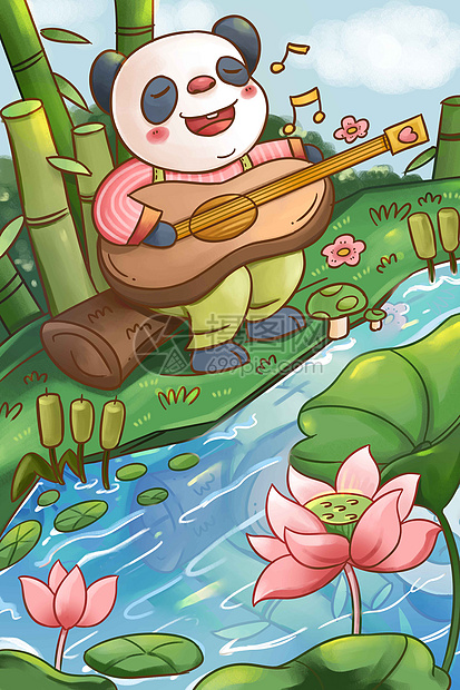 夏至节气荷塘边弹吉他的大熊猫儿童插画图片