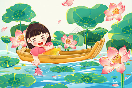 落叶水面小女孩坐船游荷花荷叶插画