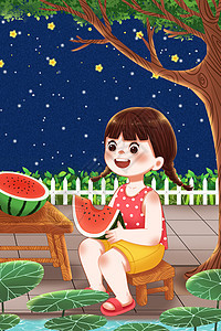 夏天晚上树下吃西瓜的女孩图片