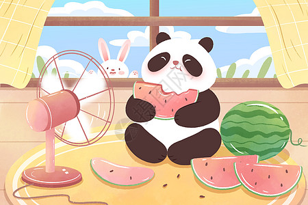 小暑节气夏日吃西瓜插画高清图片