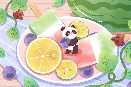 小暑节气手绘熊猫吃冰棍插画图片