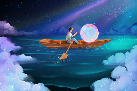 星球之旅与云海伴月唯美插画壁纸图片