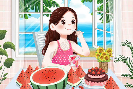 大暑西瓜夏天海边渡假的女孩插画