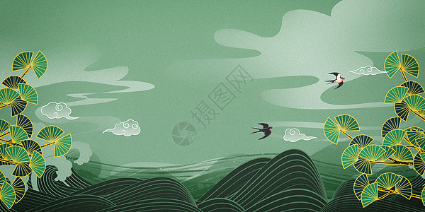 水墨底纹绿色国潮背景设计图片