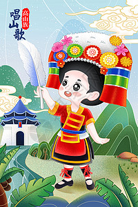 台湾珍珠奶茶国潮风高山族阿妹唱山歌插画