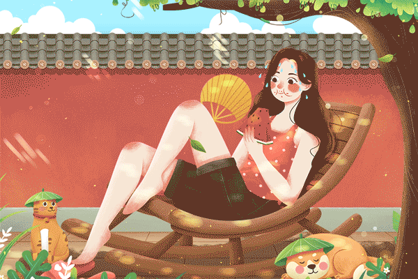 大暑三伏天树下乘凉吃西瓜女孩gif