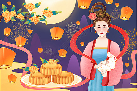 吃蛋糕的美女中国传统节日中秋节插画