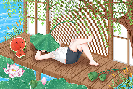 夏天在空调屋里休息吃西瓜的女孩插画插画图片下载-正版图片402509774-摄图网