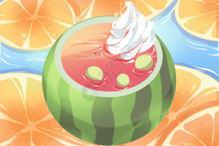 夏日水果西瓜冰淇淋果汁背景插画GIF图片
