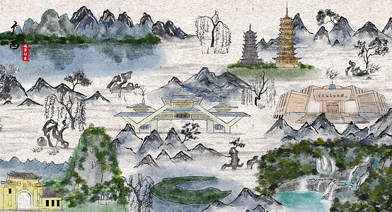 广西城市印象旅游水墨插画图片