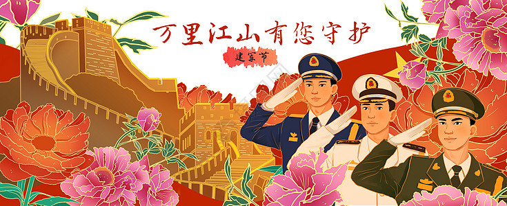 建军节之万里江山有您守护运营插画banner背景图片