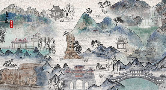 云阳龙缸重庆城市印象旅游水墨插画插画