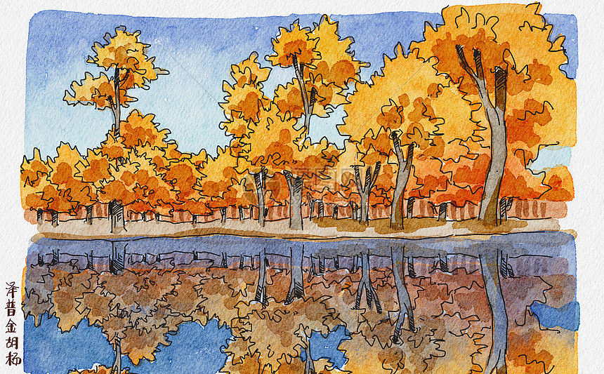 金胡杨景区插画图片下载-正版图片401948189-摄图网