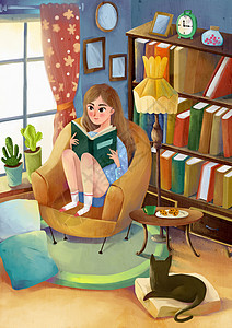 房间里读书的女孩背景图片