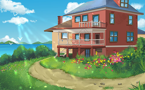 唯美场景海边别墅建筑场景插画图片素材