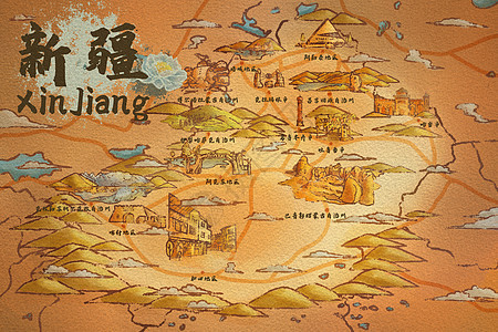 新疆省旅游地图插画图片