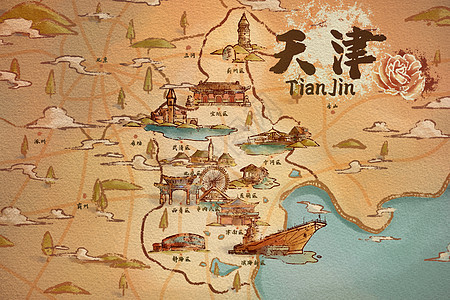 天津旅游地图插画背景图片
