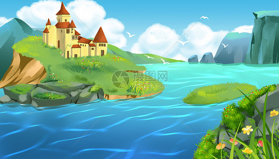 海岛上的城堡场景插画图片