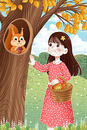 秋天女孩和树洞里的小松鼠图片