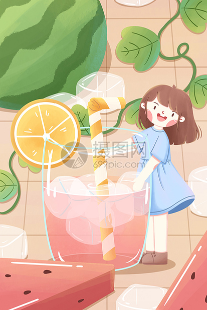 三伏天冷饮西瓜汁插画图片