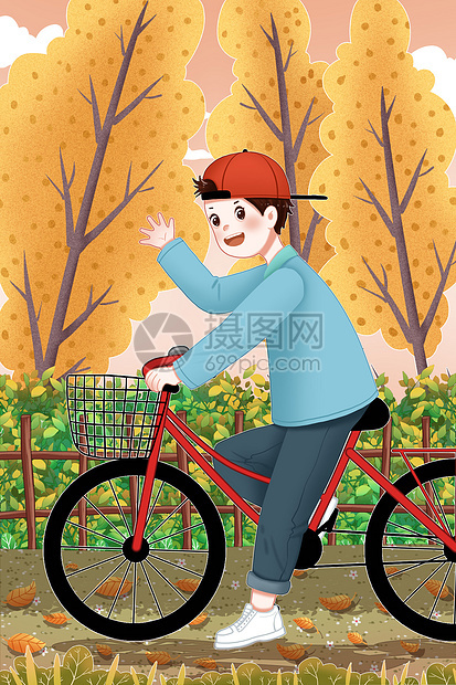 秋天骑单车的男孩图片