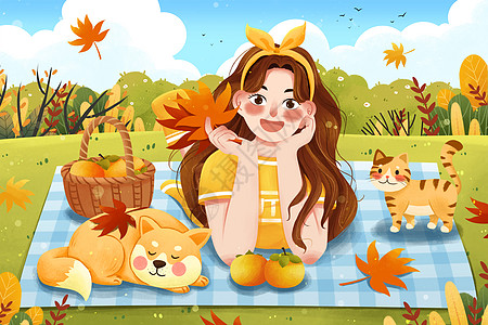 二十四节气立秋女孩与猫狗落叶秋天秋游插画图片