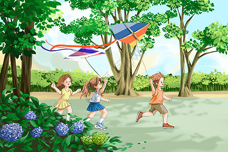 夏日暑假一起放风筝的孩子图片素材