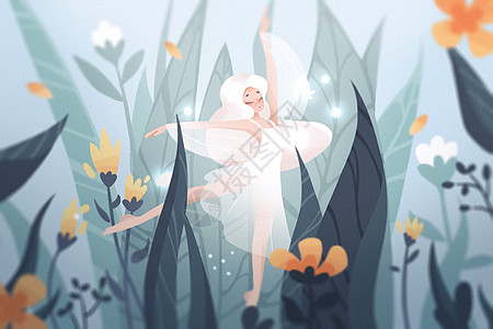 传统舞蹈白露一个小姑娘在花草丛中起舞插画