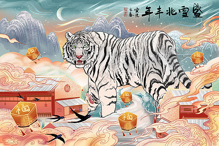 白虎春节新年贺图雪景插画图片