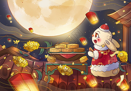 中秋节玉兔在屋顶赏月吃月饼背景图片